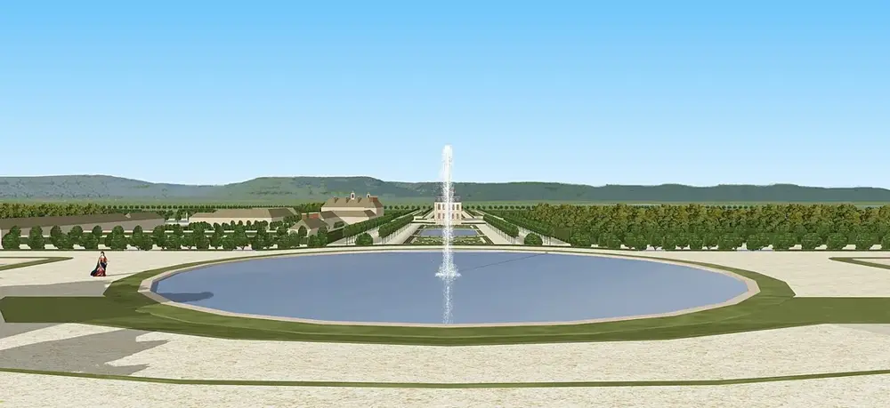Château Frescaty Metz vue sur le bassin rond des terrasses XVIIIe